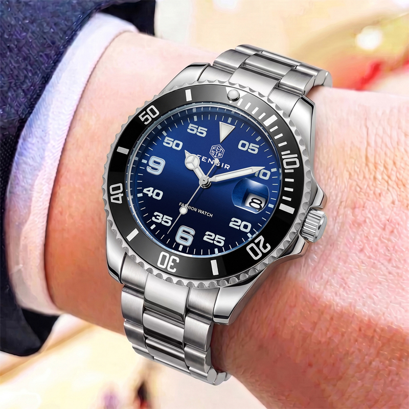 Luxury Watch It - Klassische Herren-Quarzuhr mit einseitig drehbarer Lünette,