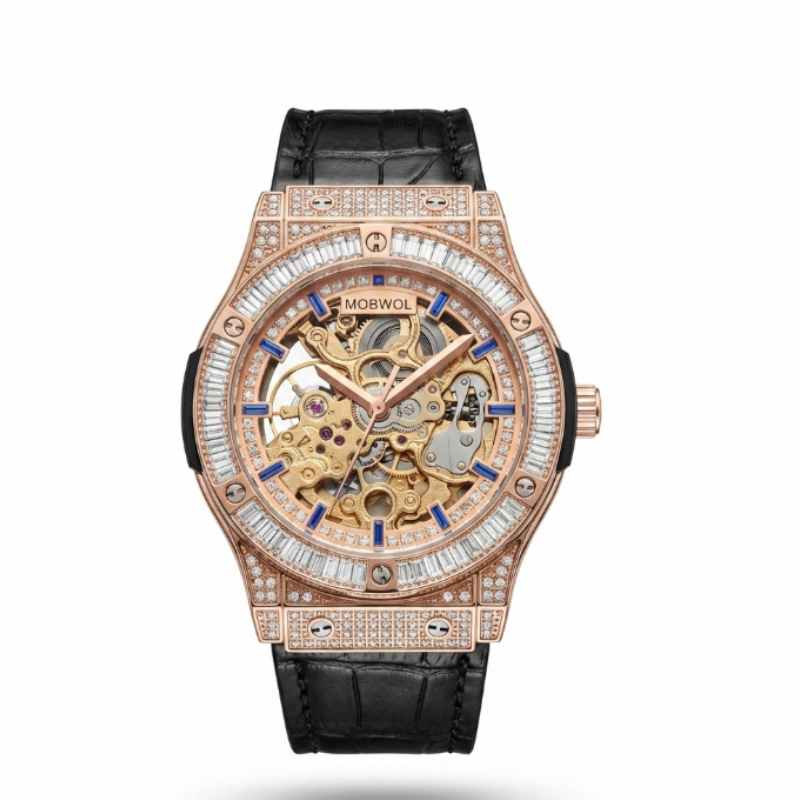 Luxury Watch With Rubber Strap - MOBWOL Roségoldene Skelett-Mechanikuhr, luxuriöses Herren-Lederarmband mit